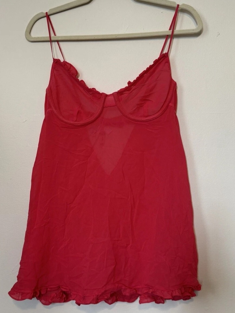 NWT Victoria’s Secret Red Sheer Silk Ruffle Hem Babydoll Slip Dress 36C